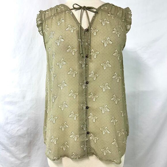 MATILDA JANE Green White Sheer Butterfly Print Tie Neck Sleeveless Blouse Small - Picture 1 of 7